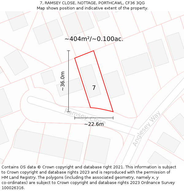 7, RAMSEY CLOSE, NOTTAGE, PORTHCAWL, CF36 3QG: Plot and title map