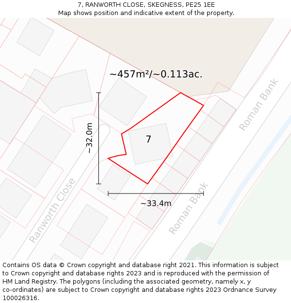 7, RANWORTH CLOSE, SKEGNESS, PE25 1EE: Plot and title map