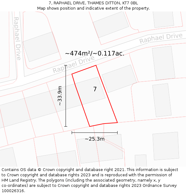 7, RAPHAEL DRIVE, THAMES DITTON, KT7 0BL: Plot and title map