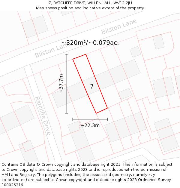 7, RATCLIFFE DRIVE, WILLENHALL, WV13 2JU: Plot and title map