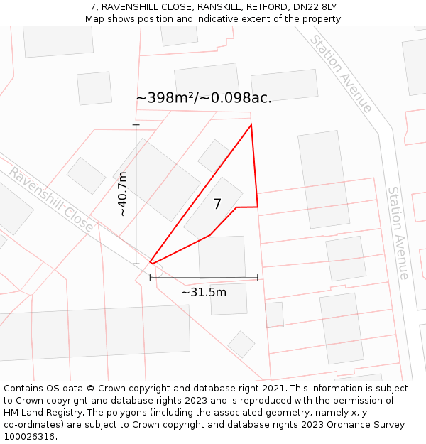 7, RAVENSHILL CLOSE, RANSKILL, RETFORD, DN22 8LY: Plot and title map