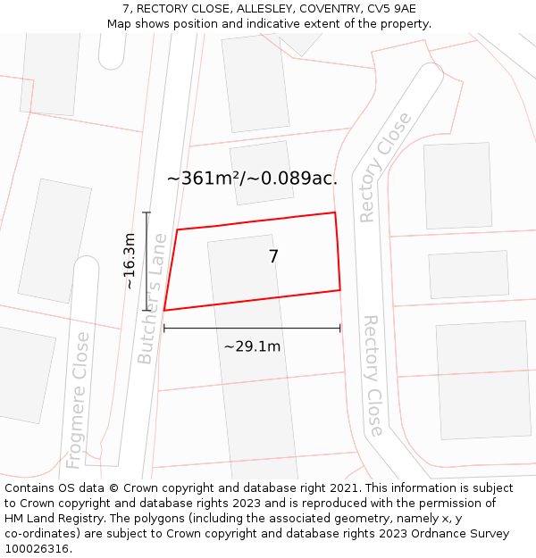 7, RECTORY CLOSE, ALLESLEY, COVENTRY, CV5 9AE: Plot and title map