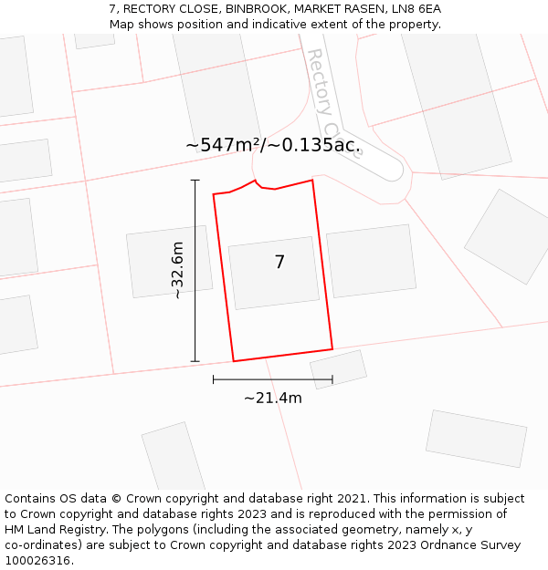 7, RECTORY CLOSE, BINBROOK, MARKET RASEN, LN8 6EA: Plot and title map