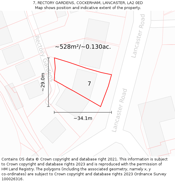 7, RECTORY GARDENS, COCKERHAM, LANCASTER, LA2 0ED: Plot and title map