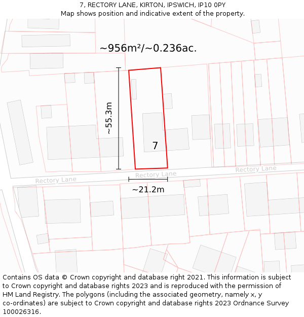 7, RECTORY LANE, KIRTON, IPSWICH, IP10 0PY: Plot and title map