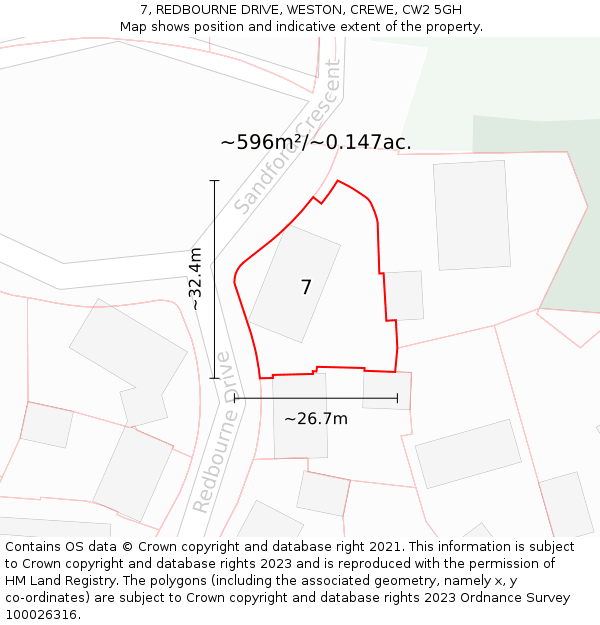 7, REDBOURNE DRIVE, WESTON, CREWE, CW2 5GH: Plot and title map