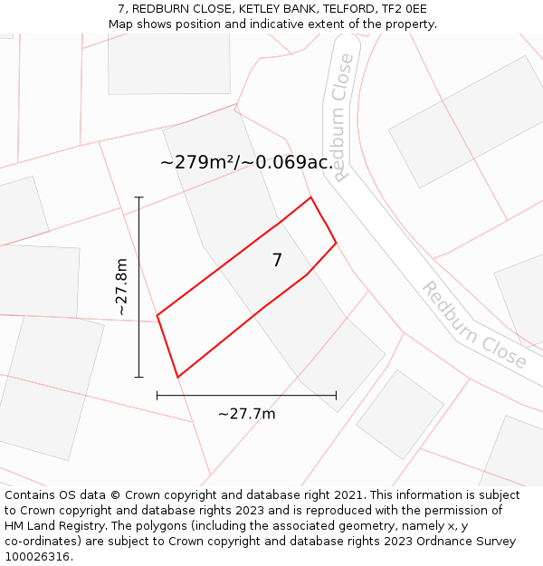 7, REDBURN CLOSE, KETLEY BANK, TELFORD, TF2 0EE: Plot and title map