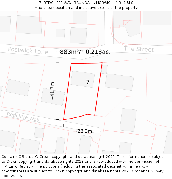 7, REDCLIFFE WAY, BRUNDALL, NORWICH, NR13 5LS: Plot and title map