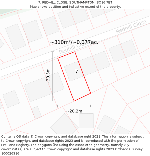 7, REDHILL CLOSE, SOUTHAMPTON, SO16 7BT: Plot and title map
