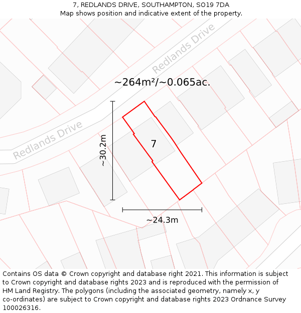 7, REDLANDS DRIVE, SOUTHAMPTON, SO19 7DA: Plot and title map