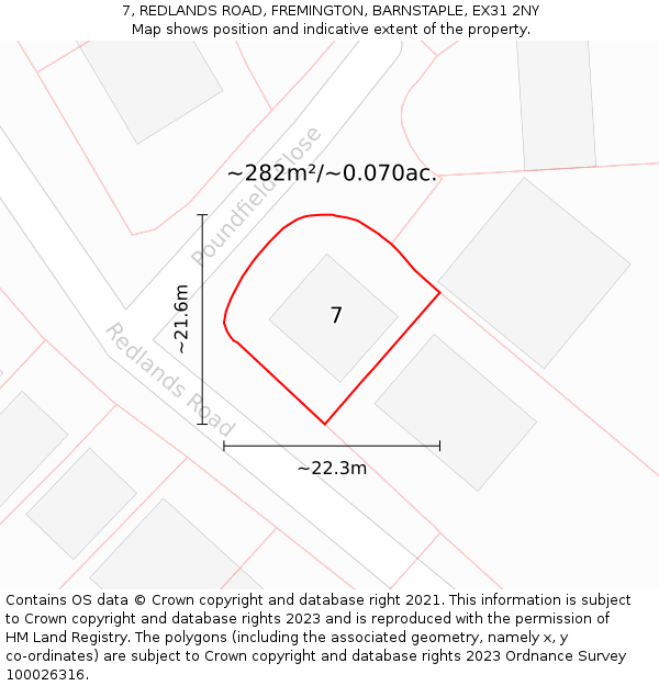 7, REDLANDS ROAD, FREMINGTON, BARNSTAPLE, EX31 2NY: Plot and title map