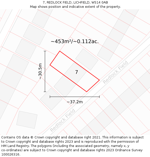 7, REDLOCK FIELD, LICHFIELD, WS14 0AB: Plot and title map