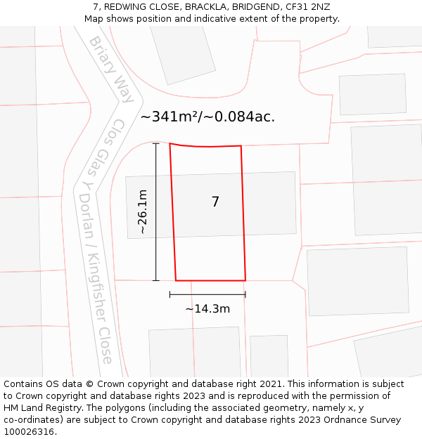 7, REDWING CLOSE, BRACKLA, BRIDGEND, CF31 2NZ: Plot and title map