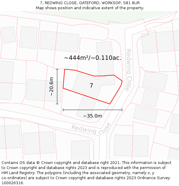 7, REDWING CLOSE, GATEFORD, WORKSOP, S81 8UR: Plot and title map