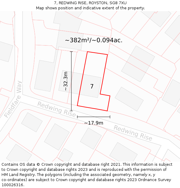 7, REDWING RISE, ROYSTON, SG8 7XU: Plot and title map