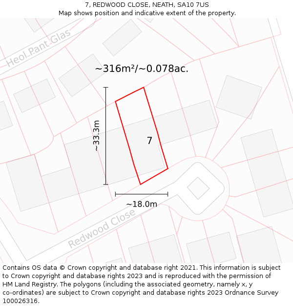 7, REDWOOD CLOSE, NEATH, SA10 7US: Plot and title map