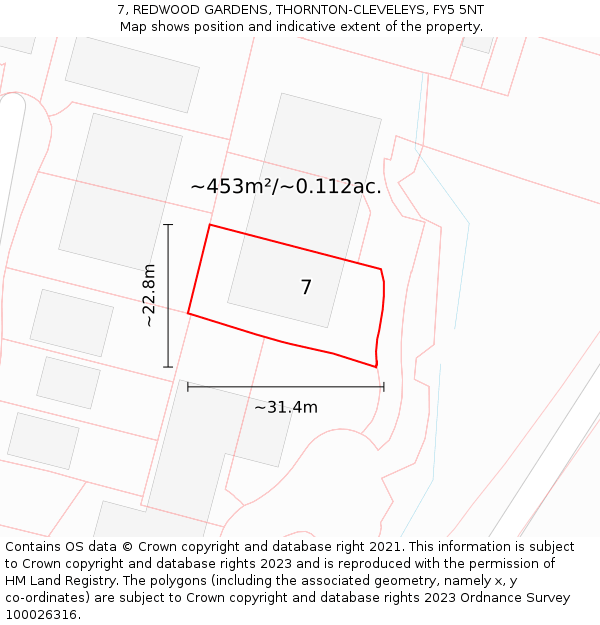 7, REDWOOD GARDENS, THORNTON-CLEVELEYS, FY5 5NT: Plot and title map
