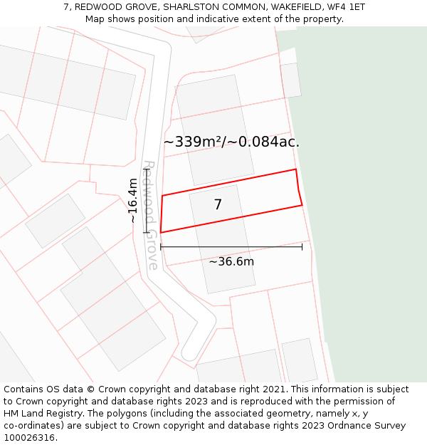 7, REDWOOD GROVE, SHARLSTON COMMON, WAKEFIELD, WF4 1ET: Plot and title map