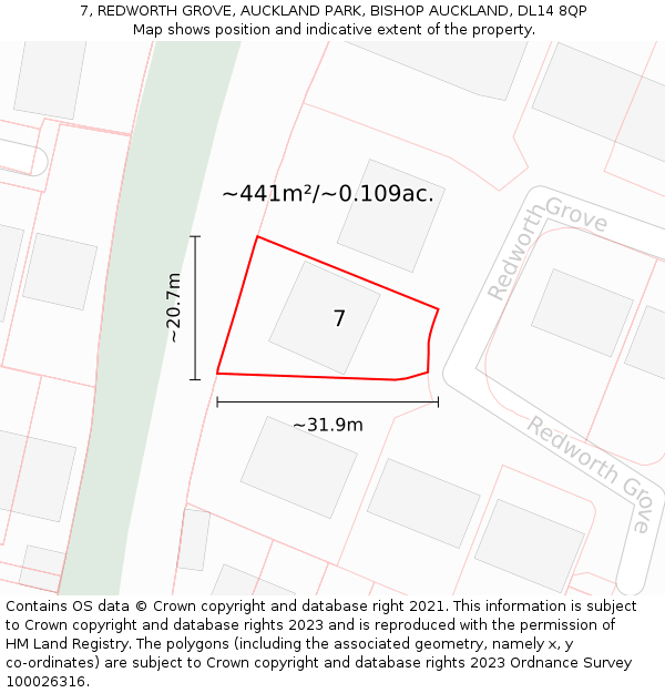 7, REDWORTH GROVE, AUCKLAND PARK, BISHOP AUCKLAND, DL14 8QP: Plot and title map