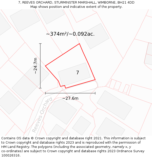 7, REEVES ORCHARD, STURMINSTER MARSHALL, WIMBORNE, BH21 4DD: Plot and title map