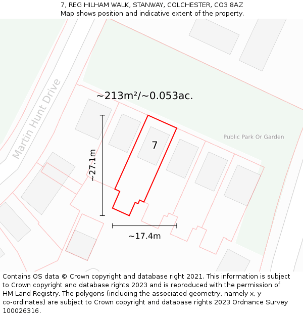 7, REG HILHAM WALK, STANWAY, COLCHESTER, CO3 8AZ: Plot and title map