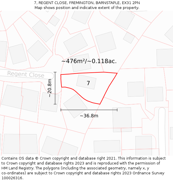 7, REGENT CLOSE, FREMINGTON, BARNSTAPLE, EX31 2PN: Plot and title map