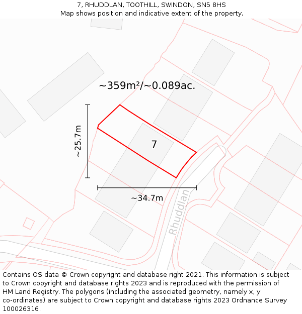 7, RHUDDLAN, TOOTHILL, SWINDON, SN5 8HS: Plot and title map
