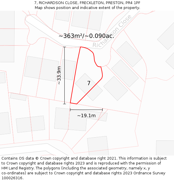 7, RICHARDSON CLOSE, FRECKLETON, PRESTON, PR4 1PF: Plot and title map