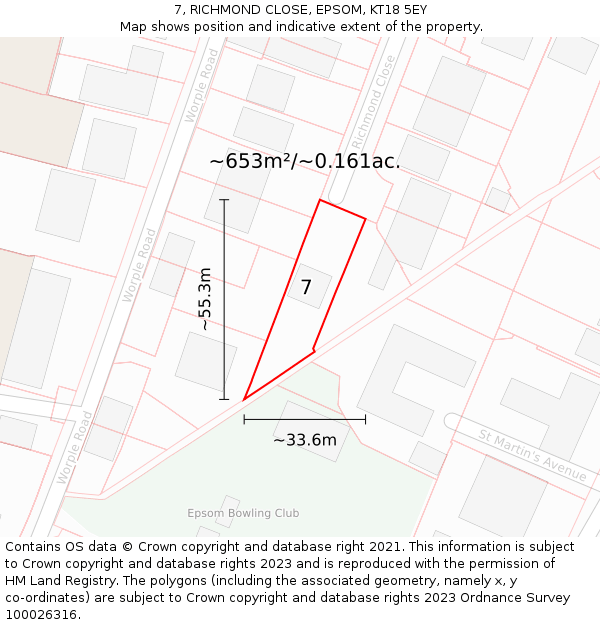 7, RICHMOND CLOSE, EPSOM, KT18 5EY: Plot and title map