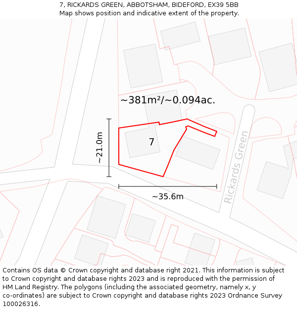 7, RICKARDS GREEN, ABBOTSHAM, BIDEFORD, EX39 5BB: Plot and title map