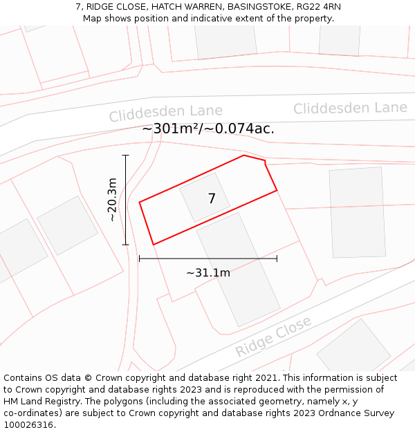 7, RIDGE CLOSE, HATCH WARREN, BASINGSTOKE, RG22 4RN: Plot and title map