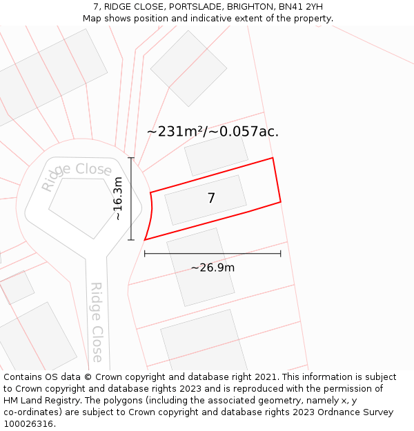 7, RIDGE CLOSE, PORTSLADE, BRIGHTON, BN41 2YH: Plot and title map