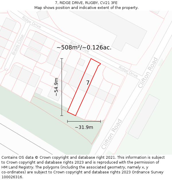 7, RIDGE DRIVE, RUGBY, CV21 3FE: Plot and title map