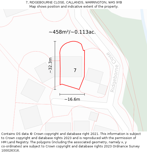 7, RIDGEBOURNE CLOSE, CALLANDS, WARRINGTON, WA5 9YB: Plot and title map