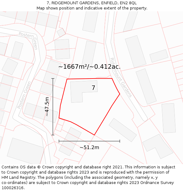 7, RIDGEMOUNT GARDENS, ENFIELD, EN2 8QL: Plot and title map