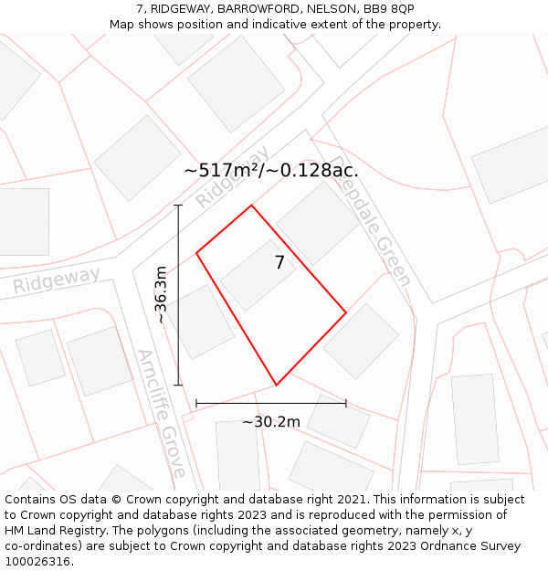 7, RIDGEWAY, BARROWFORD, NELSON, BB9 8QP: Plot and title map