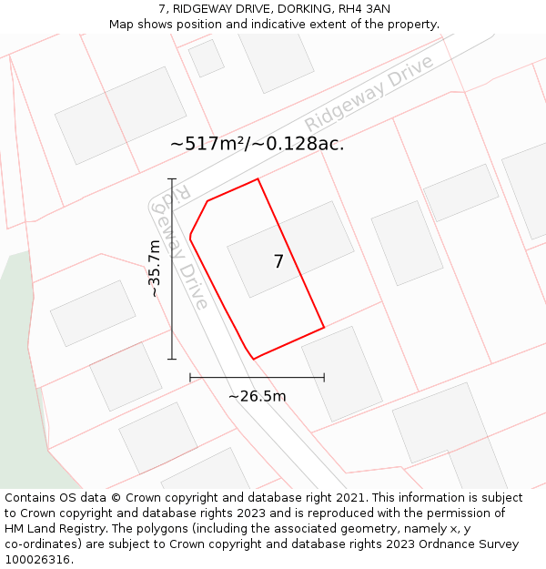 7, RIDGEWAY DRIVE, DORKING, RH4 3AN: Plot and title map