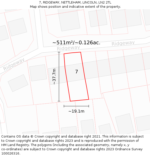7, RIDGEWAY, NETTLEHAM, LINCOLN, LN2 2TL: Plot and title map