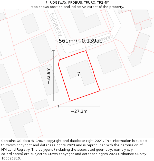 7, RIDGEWAY, PROBUS, TRURO, TR2 4JY: Plot and title map
