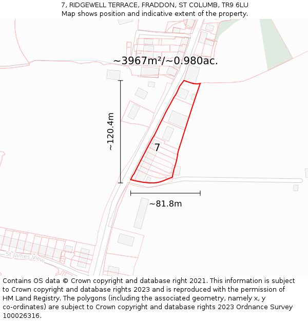 7, RIDGEWELL TERRACE, FRADDON, ST COLUMB, TR9 6LU: Plot and title map