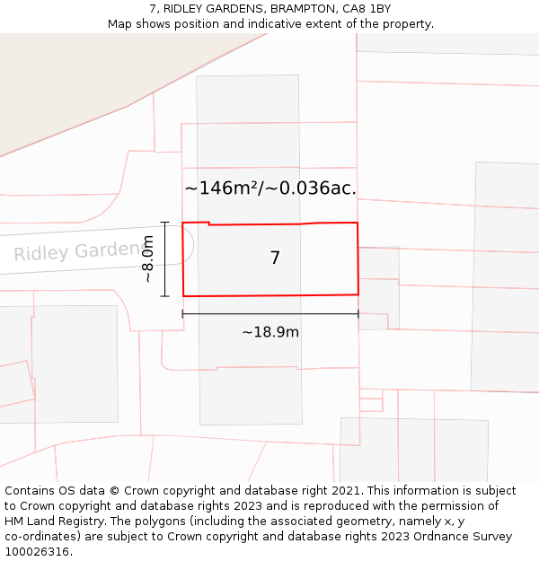 7, RIDLEY GARDENS, BRAMPTON, CA8 1BY: Plot and title map