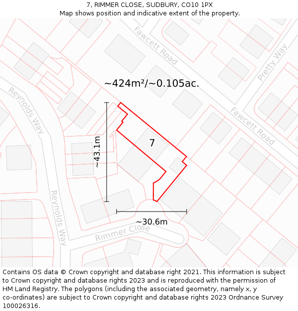 7, RIMMER CLOSE, SUDBURY, CO10 1PX: Plot and title map