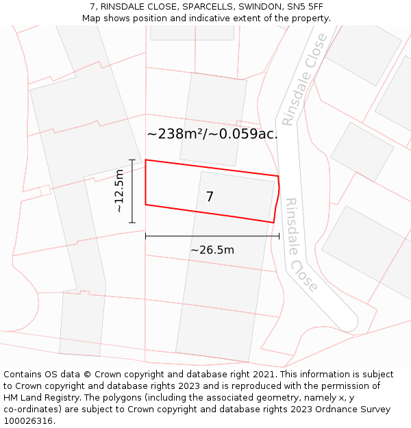 7, RINSDALE CLOSE, SPARCELLS, SWINDON, SN5 5FF: Plot and title map