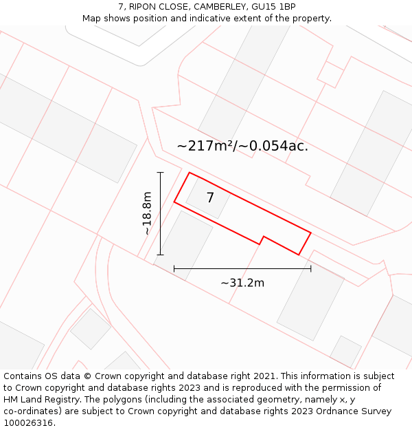 7, RIPON CLOSE, CAMBERLEY, GU15 1BP: Plot and title map