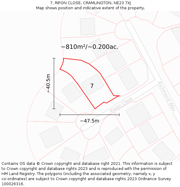 7, RIPON CLOSE, CRAMLINGTON, NE23 7XJ: Plot and title map