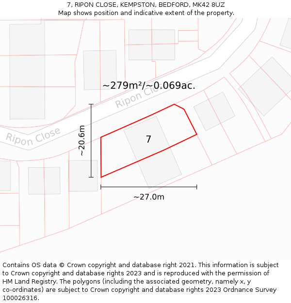 7, RIPON CLOSE, KEMPSTON, BEDFORD, MK42 8UZ: Plot and title map