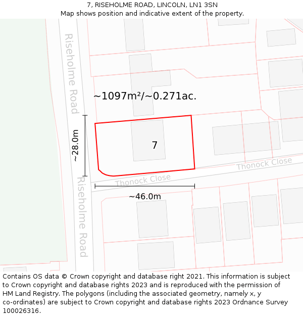 7, RISEHOLME ROAD, LINCOLN, LN1 3SN: Plot and title map