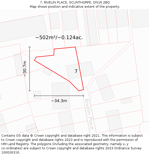 7, RIVELIN PLACE, SCUNTHORPE, DN16 2BQ: Plot and title map