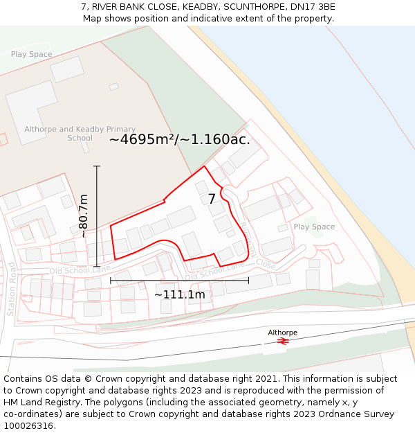 7, RIVER BANK CLOSE, KEADBY, SCUNTHORPE, DN17 3BE: Plot and title map