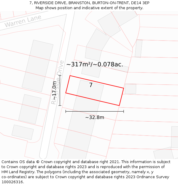 7, RIVERSIDE DRIVE, BRANSTON, BURTON-ON-TRENT, DE14 3EP: Plot and title map